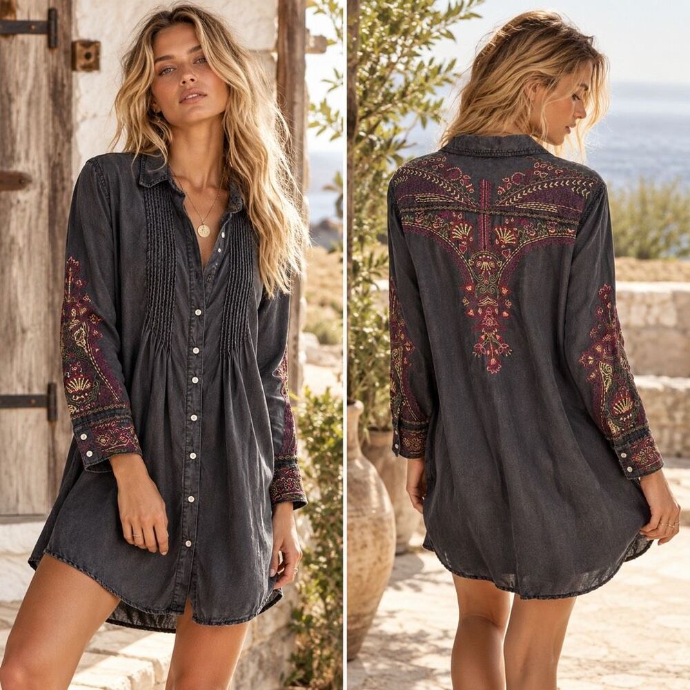 VINTAGE COLLECTION Embroidered Shirt Dress Size XXL Long Sleeve Button Down